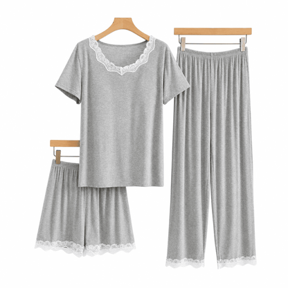 Flesuah Elora – 3-teiliges Damen Pyjama-Set aus Modal mit Spitzendetails