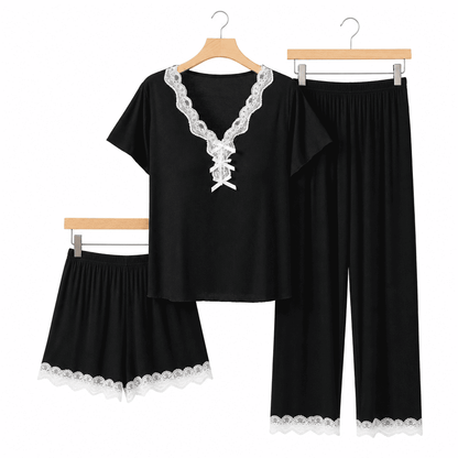 Flesuah Elora – 3-teiliges Damen Pyjama-Set aus Modal mit Spitzendetails